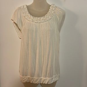 Elle Blouse Romantic 3D Rosette & Pearl Scoop Neck Cream Knit Top